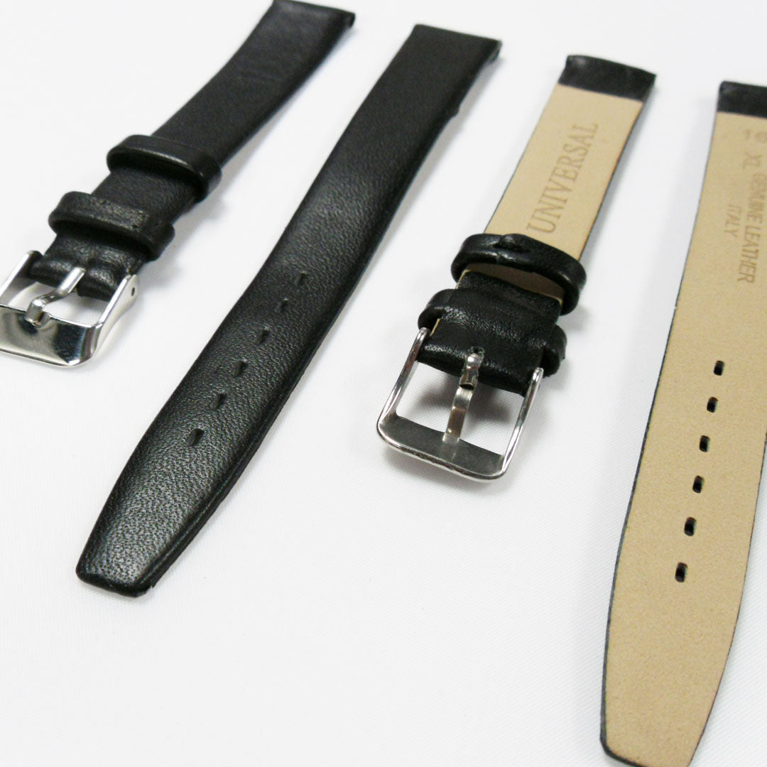 Genuine Leather Watch Band, Plain Black, Non Stitches, 16MM , Regular and XL Size, Stainless Steel Silver Buckle - Universal Jewelers & Watch Tools Inc. 