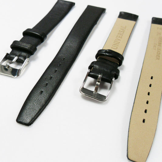 Genuine Leather Watch Band, Plain Black, Non Stitches, 16MM , Regular and XL Size, Stainless Steel Silver Buckle - Universal Jewelers & Watch Tools Inc. 