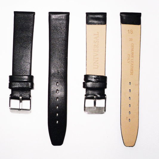 Genuine Leather Watch Band, Plain Black, Non Stitches, 18MM , Regular and XL Size, Stainless Steel Silver Buckle - Universal Jewelers & Watch Tools Inc. 