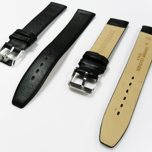 Genuine Leather Watch Band, Plain Black, Non Stitches, 18MM , Regular and XL Size, Stainless Steel Silver Buckle - Universal Jewelers & Watch Tools Inc. 