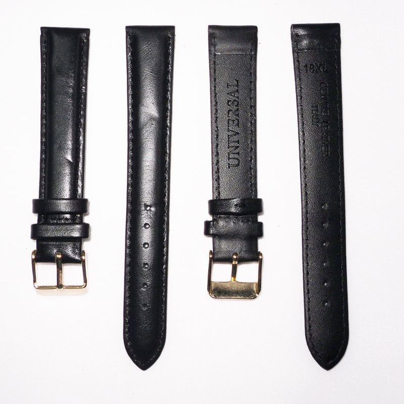 Load image into Gallery viewer, Genuine Leather Watch Band, Black Padded, Plain, Black Stitches, 18MM , XL Size, Stainless Steel Golden Buckle - Universal Jewelers &amp; Watch Tools Inc. 
