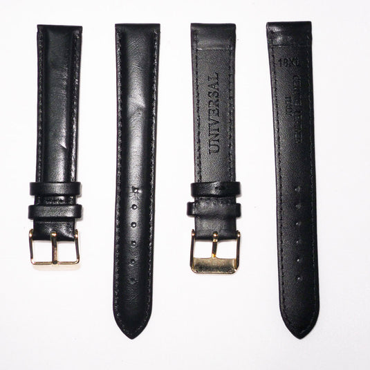 Genuine Leather Watch Band, Black Padded, Plain, Black Stitches, 18MM , XL Size, Stainless Steel Golden Buckle - Universal Jewelers & Watch Tools Inc. 
