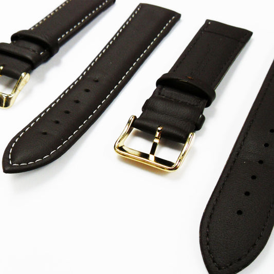 Genuine Leather Watch Band, Dark Brown Padded, Plain, White Stitches, 22MM , Regular Size, Stainless Steel Golden Buckle