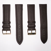 Genuine Leather Watch Band, Dark Brown Padded, Plain, White Stitches, 22MM , Regular Size, Stainless Steel Golden Buckle