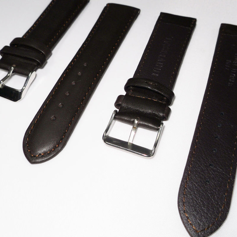 Load image into Gallery viewer, Genuine Leather Watch Band, Dark Brown Padded, Plain, Brown Stitches, 22MM , Regular Size, Stainless Steel Silver Buckle
