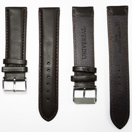 Genuine Leather Watch Band, Dark Brown Padded, Plain, Brown Stitches, 22MM , Regular Size, Stainless Steel Silver Buckle