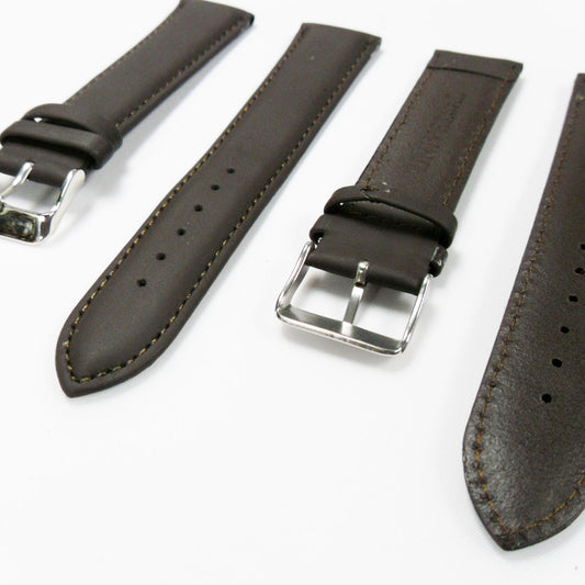 Genuine Leather Watch Band, Dark Brown Padded, Plain, Brown Stitches, 22MM , XL Size, Stainless Steel Silver Buckle - Universal Jewelers & Watch Tools Inc. 