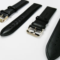 Genuine Leather Watch Band, Black Padded, Plain, Black Stitches, 24MM, Regular Size, Stainless Steel Golden Buckle
