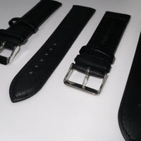 Genuine Leather Watch Band, Black Padded, Plain, Black Stitches, 24MM, Regular Size, Stainless Steel Silver Buckle