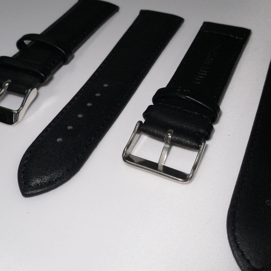 Genuine Leather Watch Band, Black Padded, Plain, Black Stitches, 24MM, XL Size, Stainless Steel Silver Buckle