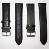 Genuine Leather Watch Band, Black Padded, Plain, Black Stitches, 24MM, XL Size, Stainless Steel Silver Buckle