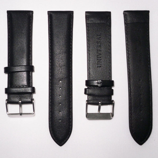 Genuine Leather Watch Band, Black Padded, Plain, Black Stitches, 24MM, Regular Size, Stainless Steel Silver Buckle