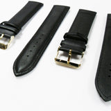 Genuine Leather Watch Band, Black Padded, Plain, Black Stitches, 24MM, XL Size, Stainless Steel Golden Buckle
