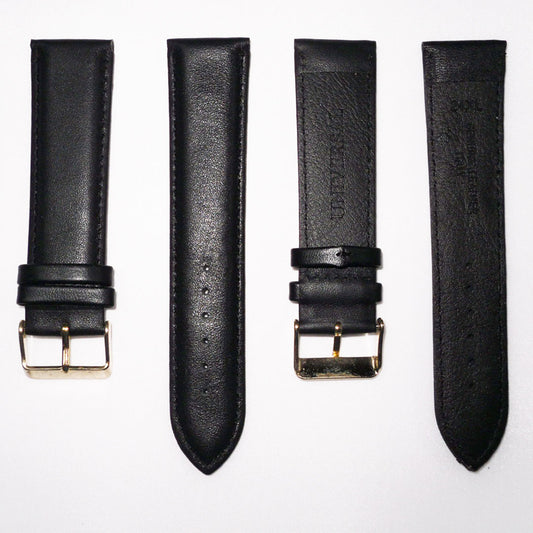 Genuine Leather Watch Band, Black Padded, Plain, Black Stitches, 24MM, XL Size, Stainless Steel Golden Buckle