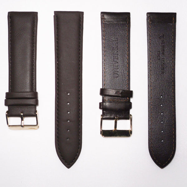 Genuine Leather Watch Band, Dark Brown Padded, Plain, Brown Stitches, 24MM , Regular Size, Stainless Steel Golden Buckle