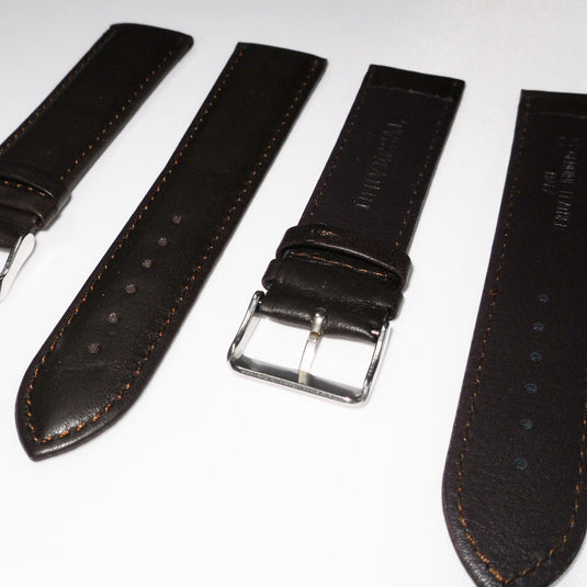 Genuine Leather Watch Band, Dark Brown Padded, Plain, Brown Stitches, 24MM , XL Size, Stainless Steel Silver Buckle