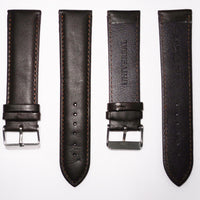 Genuine Leather Watch Band, Dark Brown Padded, Plain, Brown Stitches, 24MM , XL Size, Stainless Steel Silver Buckle