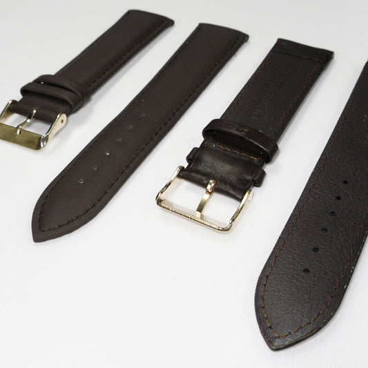 Genuine Leather Watch Band, Dark Brown Padded, Plain, Brown Stitches, 24MM , XL Size, Stainless Steel Golden Buckle