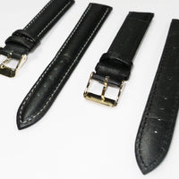 Genuine Leather Watch Band, Black Padded, Plain, White Stitches, 18MM , Regular Size, Stainless Steel Golden Buckle