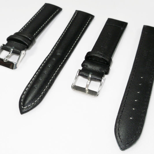 Genuine Leather Watch Band, Black Padded, Plain, White Stitches, 18MM , Regular Size, Stainless Steel Silver Buckle