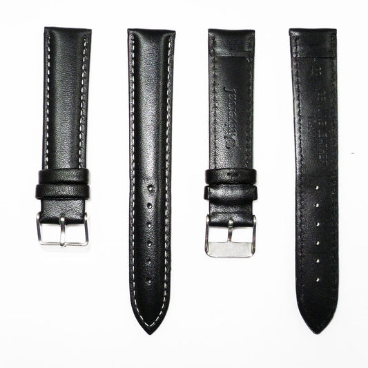Genuine Leather Watch Band, Black Padded, Plain, White Stitches, 18MM , Regular Size, Stainless Steel Silver Buckle