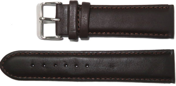 Genuine Leather Watch Band, Dark Brown Padded, Stitched, Brown Thread, 18MM, XL Size, Silver Buckle