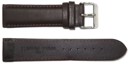 Genuine Leather Watch Band, Dark Brown Padded, Stitched, Brown Thread, 18MM, XL Size, Silver Buckle