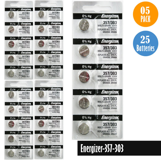 Energizer-357-303 Watch Battery, 1 Pack 5 batteries, Replaces SR44SW, SR44W, EPX76