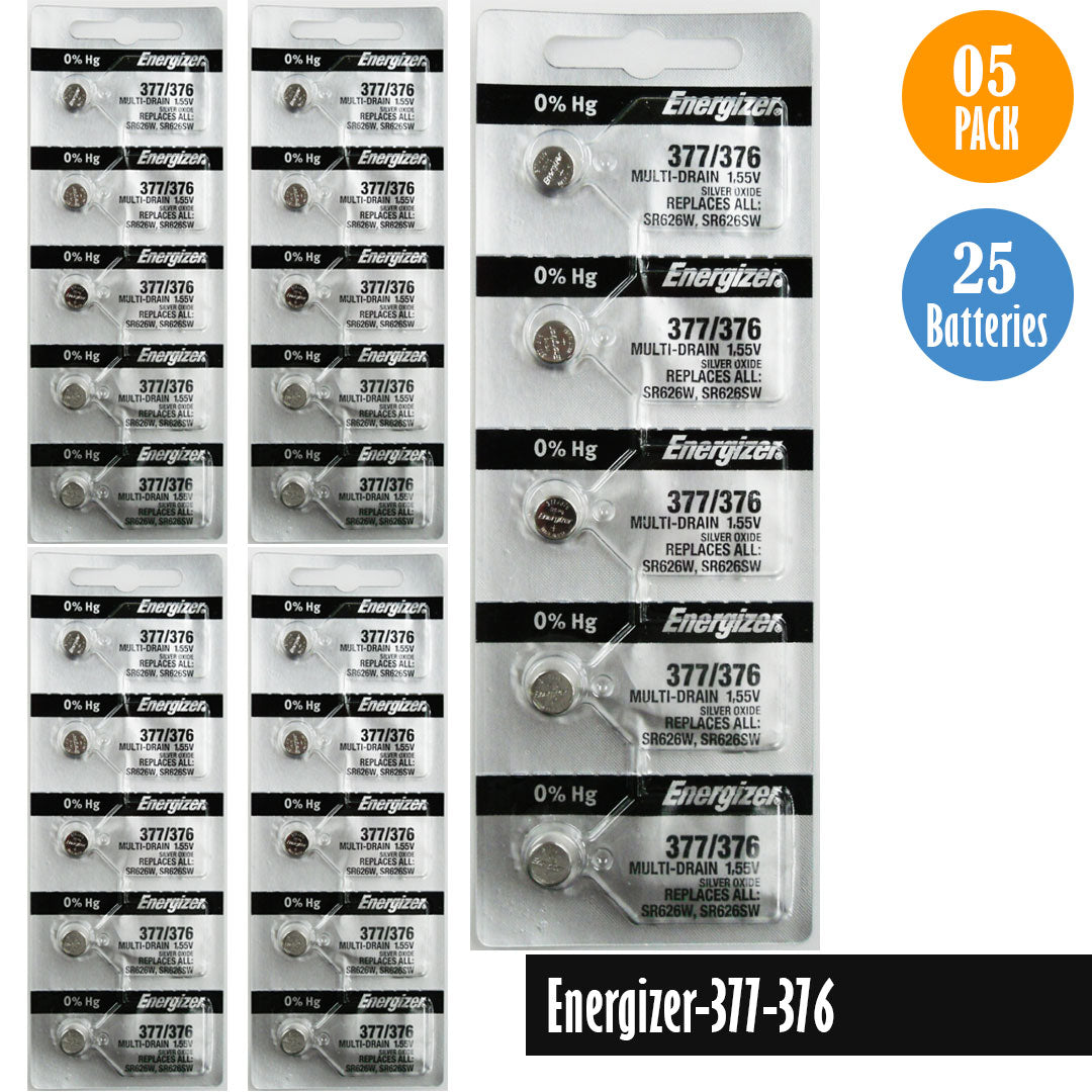 Energizer-377-376 Watch Battery, 1 Pack 5 batteries, Replaces all SR626W, SR626SW