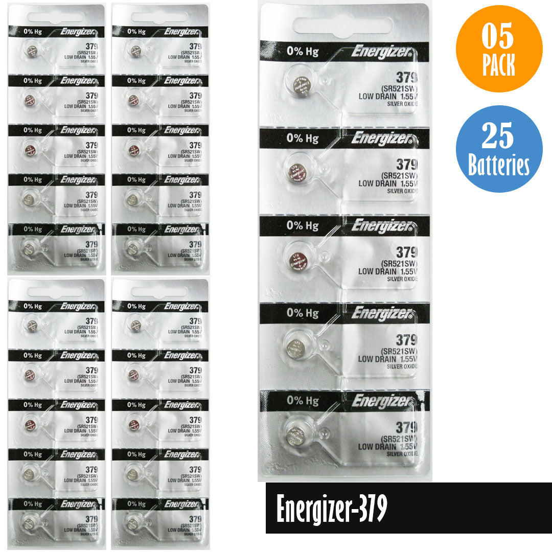 Energizer-379 Watch Battery, 1 Pack 5 batteries, Replaces all SR521SW