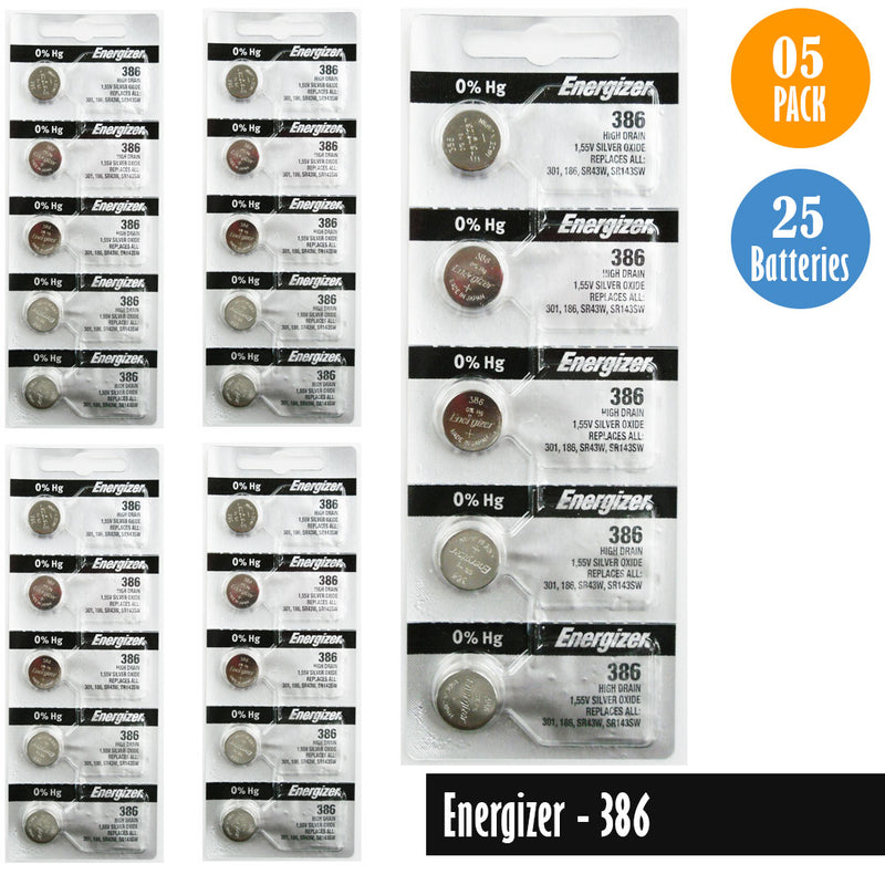 Load image into Gallery viewer, Energizer-386 Watch Battery, 1 Pack 5 batteries, Replaces all 301, 186, SR43W, SR143SW
