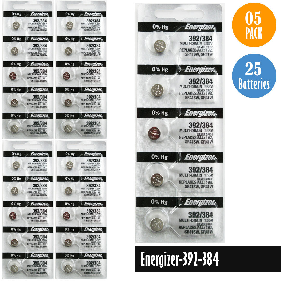 Energizer-392-384 Watch Battery, 1 Pack 5 batteries, Replaces all 192, SR41SW, SR41W