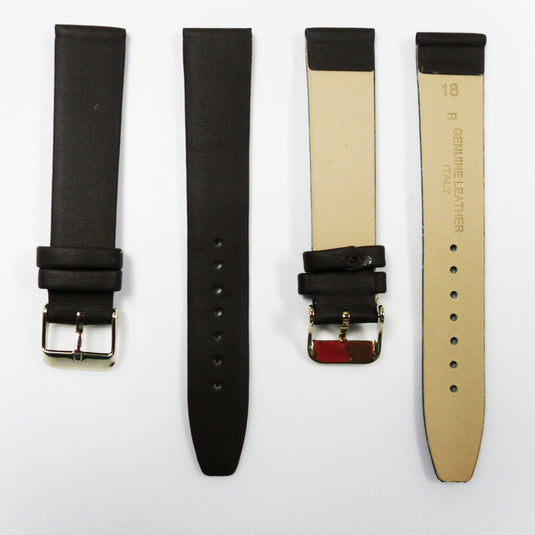 Genuine Leather Watch Band, Plain Dark Brown, Non Stitches, 16MM and 18MM, Regular Size, Stainless Steel Golden Buckle