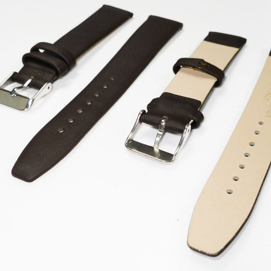 Genuine Leather Watch Band, Plain Dark Brown, Non Stitches, 16MM and 18MM, Regular Size, Stainless Steel Silver Buckle