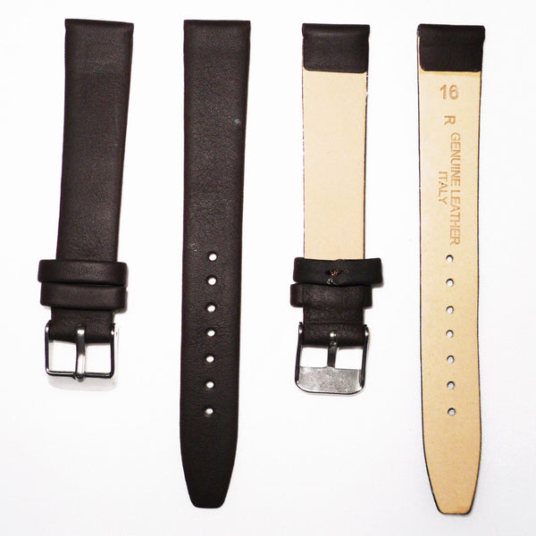 Genuine Leather Watch Band, Plain Dark Brown, Non Stitches, 16MM and 20MM, Regular Size, Stainless Steel Silver Buckle