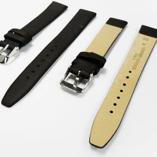 Genuine Leather Watch Band, Plain Dark Brown, Non Stitches, 16MM and 20MM, Regular Size, Stainless Steel Silver Buckle