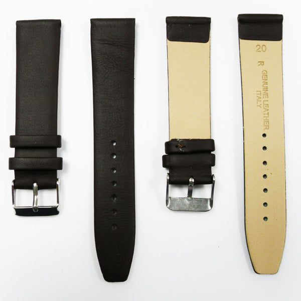 Genuine Leather Watch Band, Plain Dark Brown, Non Stitches, 20MM and 22MM, Regular Size, Stainless Steel Silver Buckle