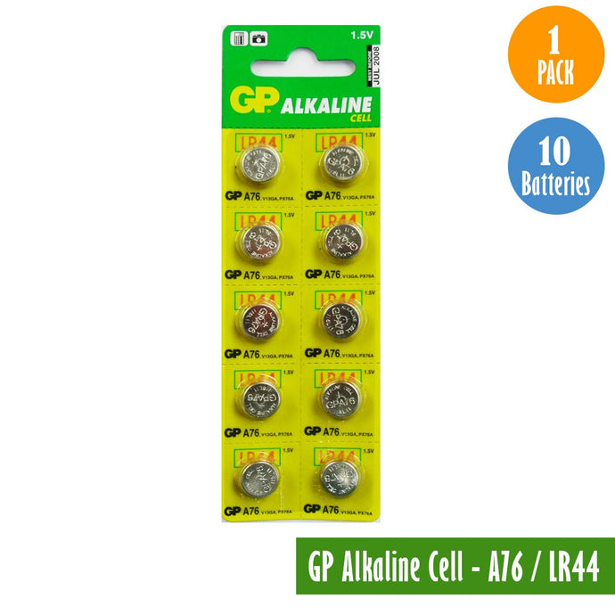 GP Alkaline Cell, A76, LR44, 1 Pack 10 Batteries, Available for bulk order - Universal Jewelers & Watch Tools Inc. 