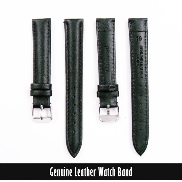 Genuine Leather Watch Band, Black Padded, Stitched, Black Thread, 16MM, Regular Length, Silver Buckle - Universal Jewelers & Watch Tools Inc. 