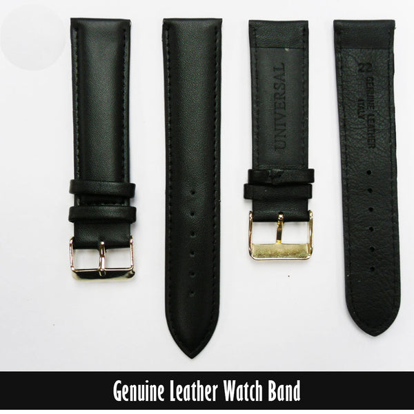 Genuine Leather Watch Band, Black Padded, Stitched, Black Thread, 22MM, Regular Length, Golden Buckle - Universal Jewelers & Watch Tools Inc. 