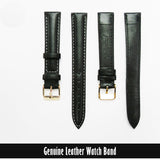 Genuine Leather Watch Band, Black Padded, Stitched, White Thread, 16MM, Regular Length, Golden Buckle - Universal Jewelers & Watch Tools Inc. 