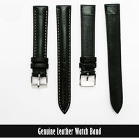 Genuine Leather Watch Band, Black Padded, Stitched, White Thread, 16MM, Regular Length, Silver Buckle - Universal Jewelers & Watch Tools Inc. 