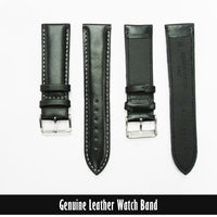 Genuine Leather Watch Band, Black Padded, Stitched, White Thread, 22MM, Regular Length, Silver Buckle - Universal Jewelers & Watch Tools Inc. 
