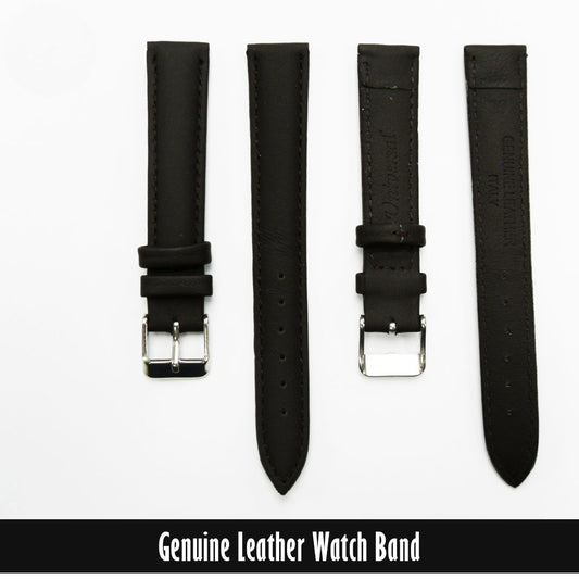 Mens Leather Watch Bands Genuine, Brown Padded, Stitched, Brown Thread, 16MM, Regular Length, Silver Buckle - Universal Jewelers & Watch Tools Inc. 