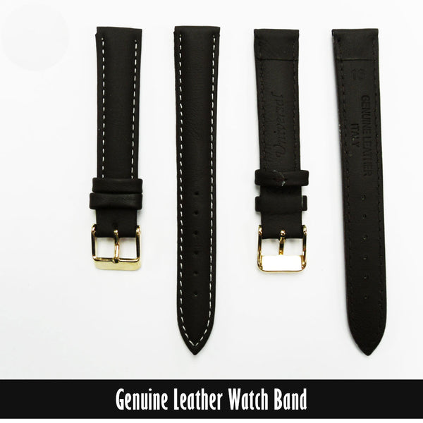 Genuine Leather Watch Band, Brown Padded, Stitched, White Thread, 16MM, Regular Length, Golden Buckle - Universal Jewelers & Watch Tools Inc. 
