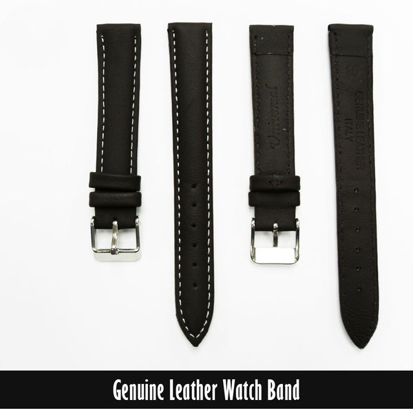 Genuine Leather Watch Band, Brown Padded, Stitched, White Thread, 16MM, Regular Length, Silver Buckle - Universal Jewelers & Watch Tools Inc. 
