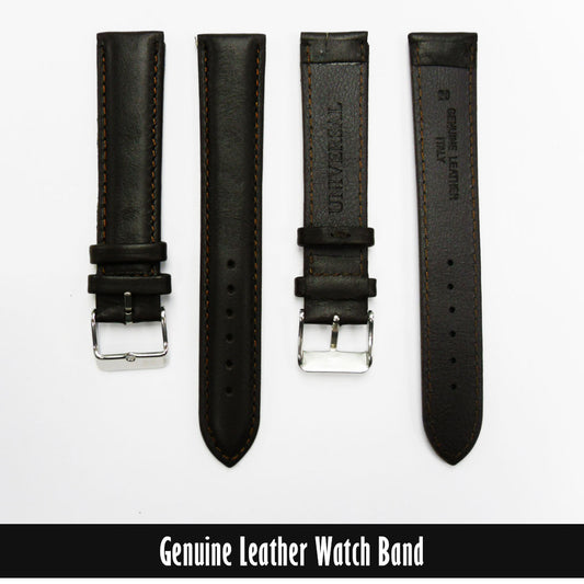 Genuine Leather Watch Band, Dark Brown Padded, Stitched, Brown Thread, 20MM, Regular Length, Silver Buckle - Universal Jewelers & Watch Tools Inc. 