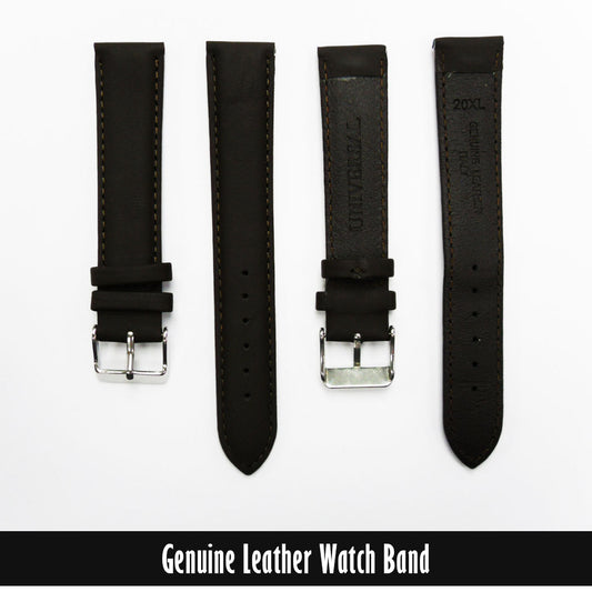 Genuine Leather Watch Band, Dark Brown Padded, Stitched, Brown Thread, 20MM, XL Size, Silver Buckle - Universal Jewelers & Watch Tools Inc. 