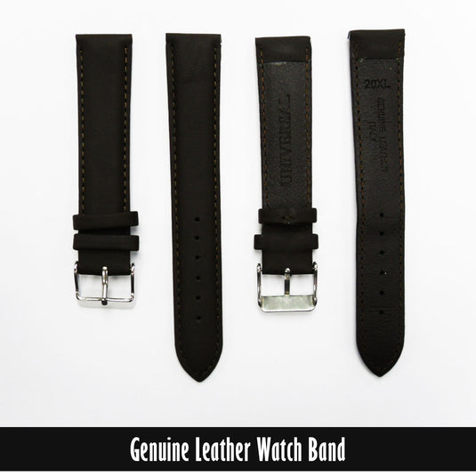Genuine Leather Watch Band, Dark Brown Padded, Stitched, Brown Thread, 20MM, XL Size, Silver Buckle - Universal Jewelers & Watch Tools Inc. 