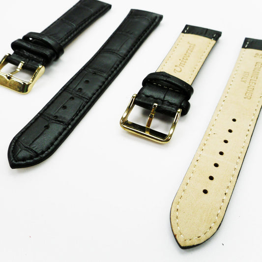 Genuine Leather Watch Band, Black Alligator Straps, Padded, Black Stitches, 20MM, Regular Size, Stainless Steel Silver and Gold Buckle